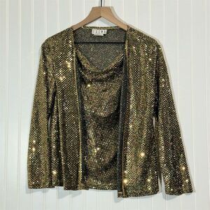 Vintage Erena Metallic Gold Sequin Shimmer Jacket Top Blouse Disco Party Glam S